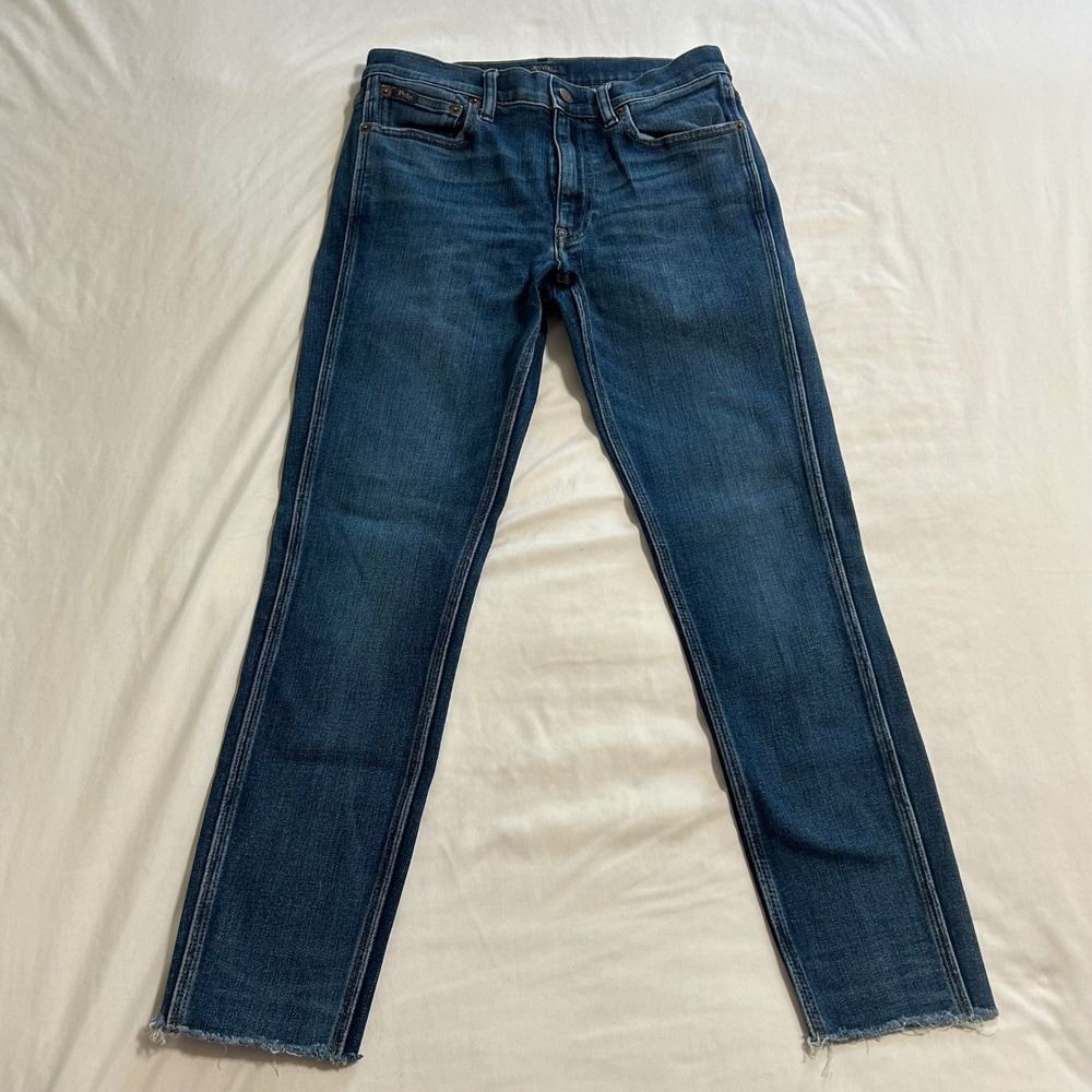 Polo Ralph Lauren Tompkins Mid Rise Skinny Crop Jeans Blue Raw Hem Size 28